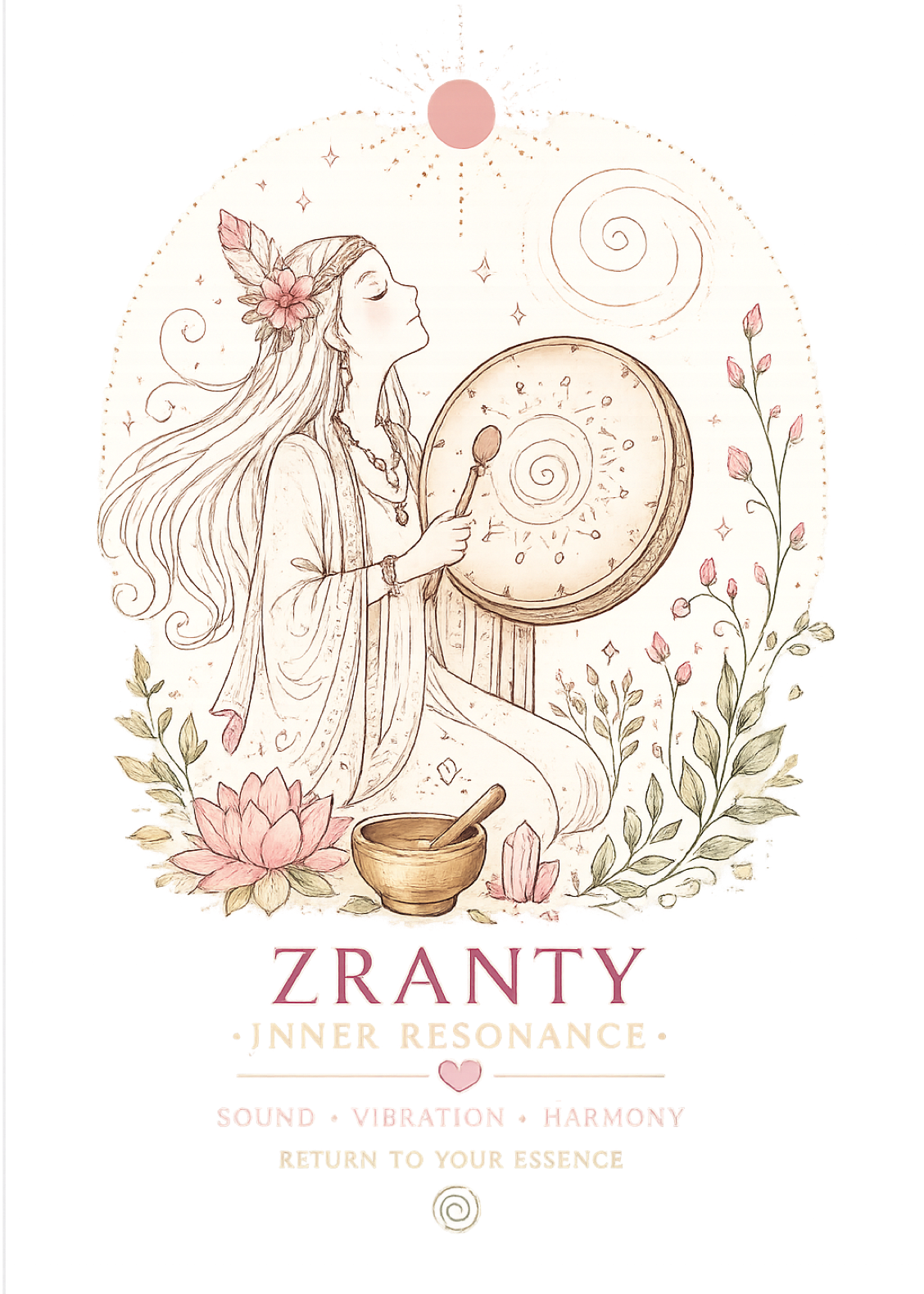 ilustration representing the Zranty sound healing experience, conbining gongs, meditation, vibration therapy, and deep relaxation to restore inner balance